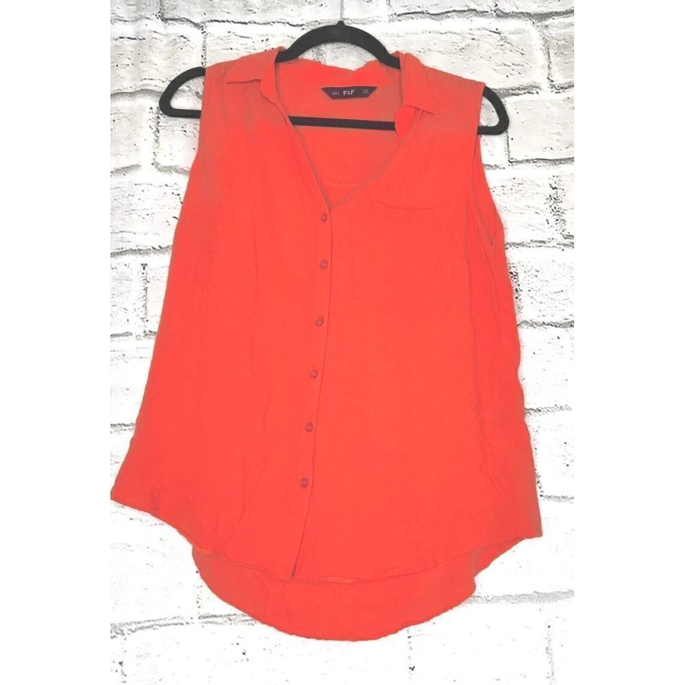 F&F Orange Women's Size 6 Sleeveless Button Up Shirt Collar Top With Pocket